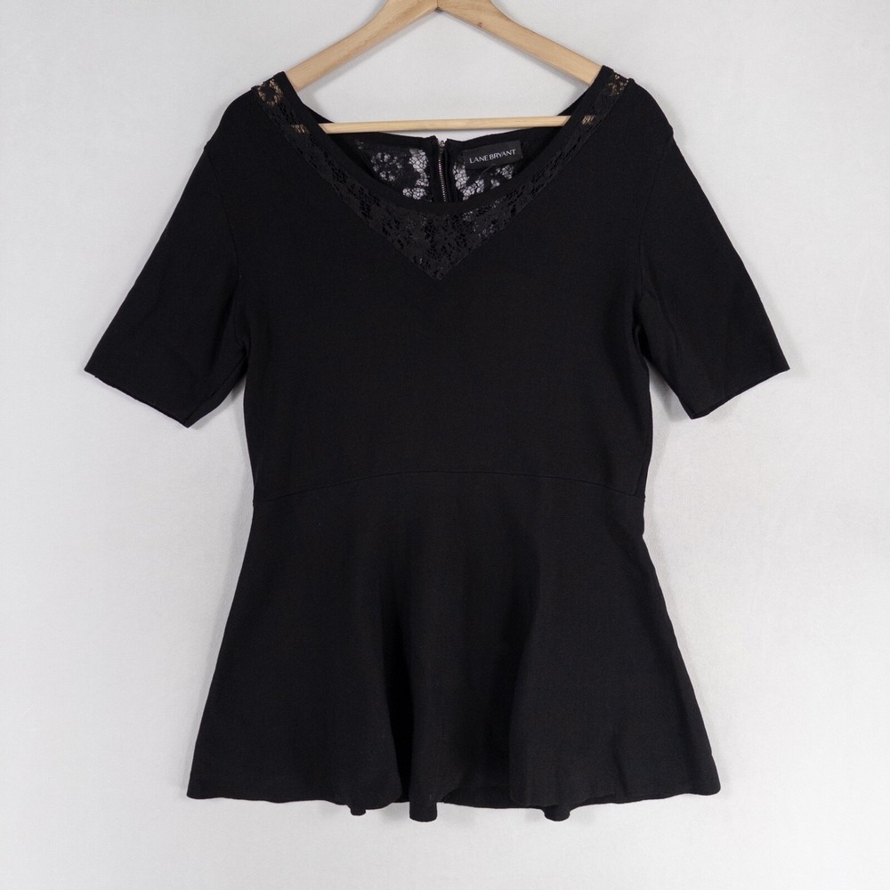 Lane Bryant Top Womens 18/20 Black Peplum Stretch Knit Lace Trim Short Sleeve